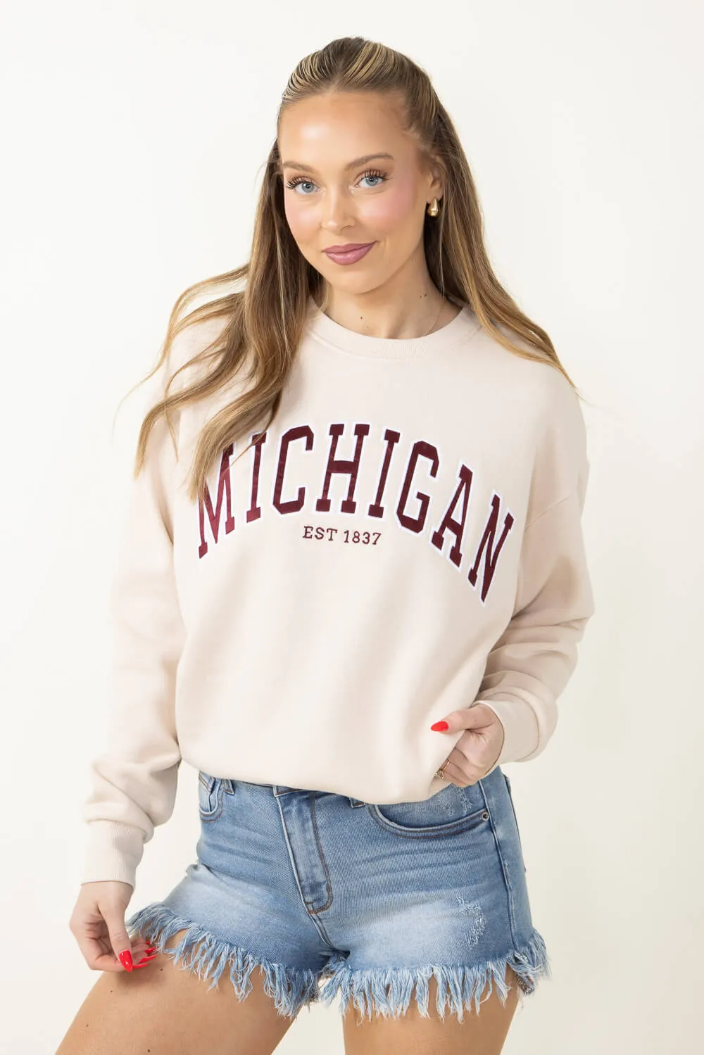 1897 Active Embroidered Michigan Fleece Sweatshirt for Women in Cream | GT-079-CREAM