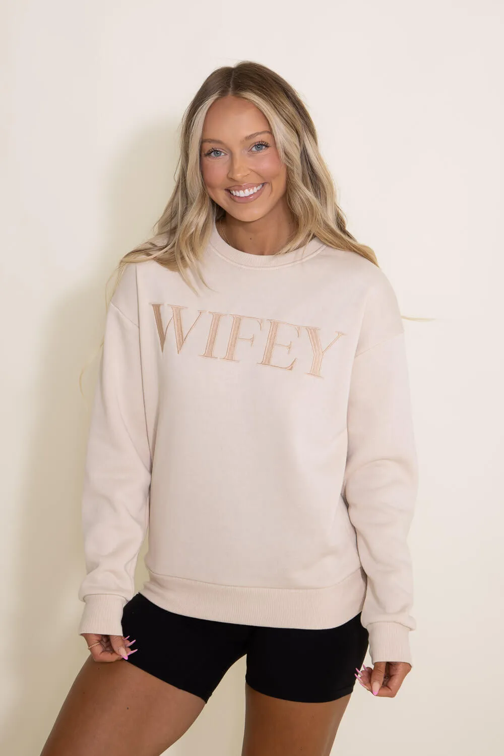 1897 Active Embroidered Wifey Fleece Sweatshirt for Women in Cream | GT078-WIFEY-CREAM