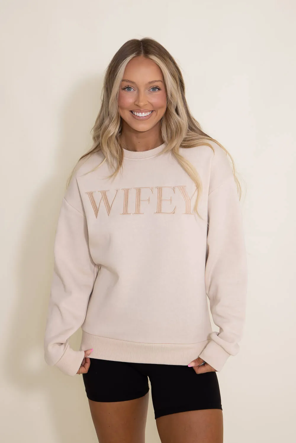 1897 Active Embroidered Wifey Fleece Sweatshirt for Women in Cream | GT078-WIFEY-CREAM
