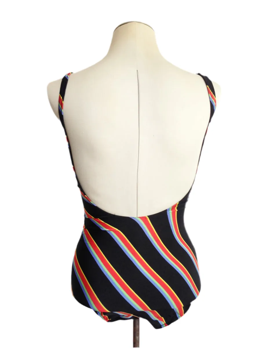 1970s Bathing Suit Black Red Stripes