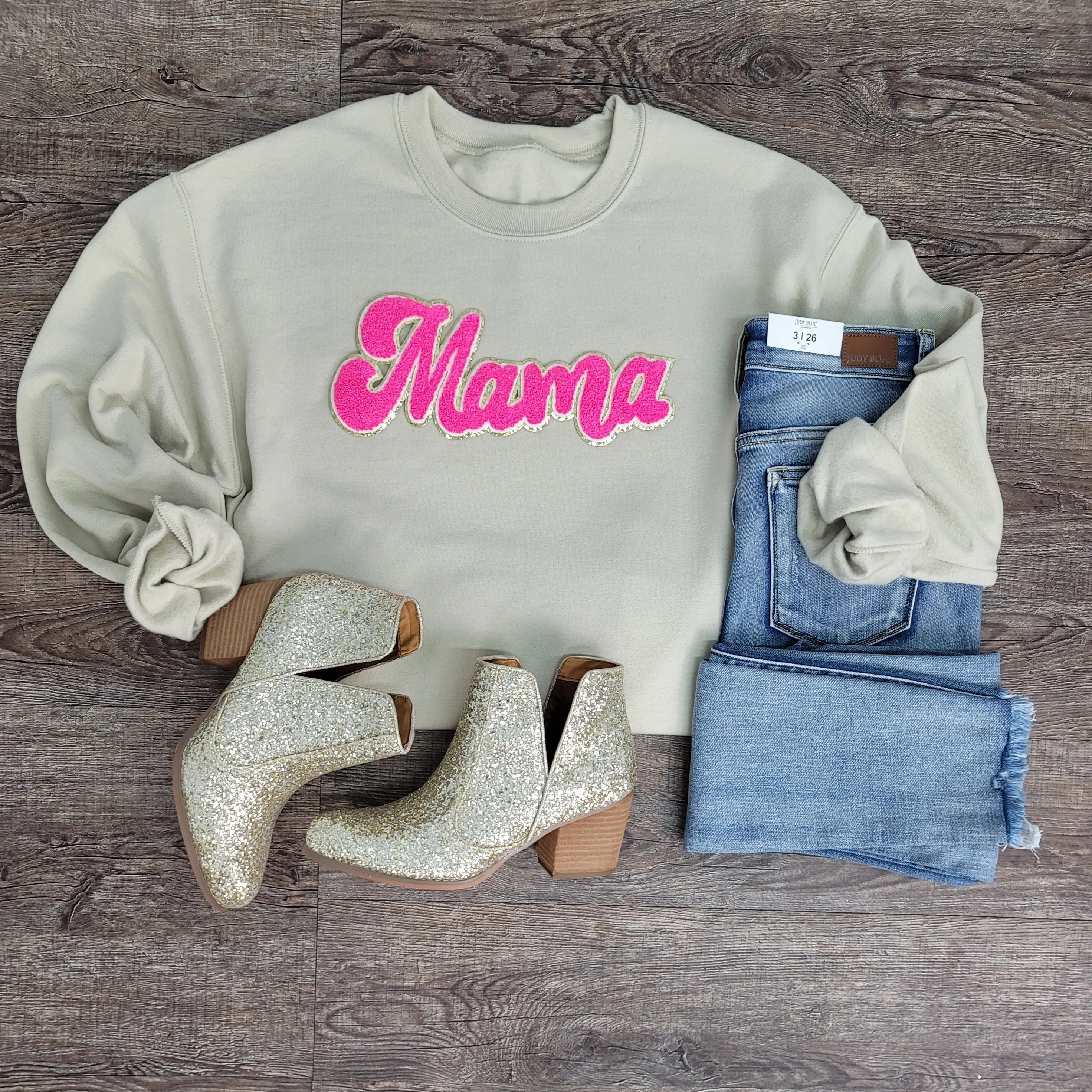 3Blues Designs |   Hazel Blues® |  Mama Script Chenille Patch Sweatshirt