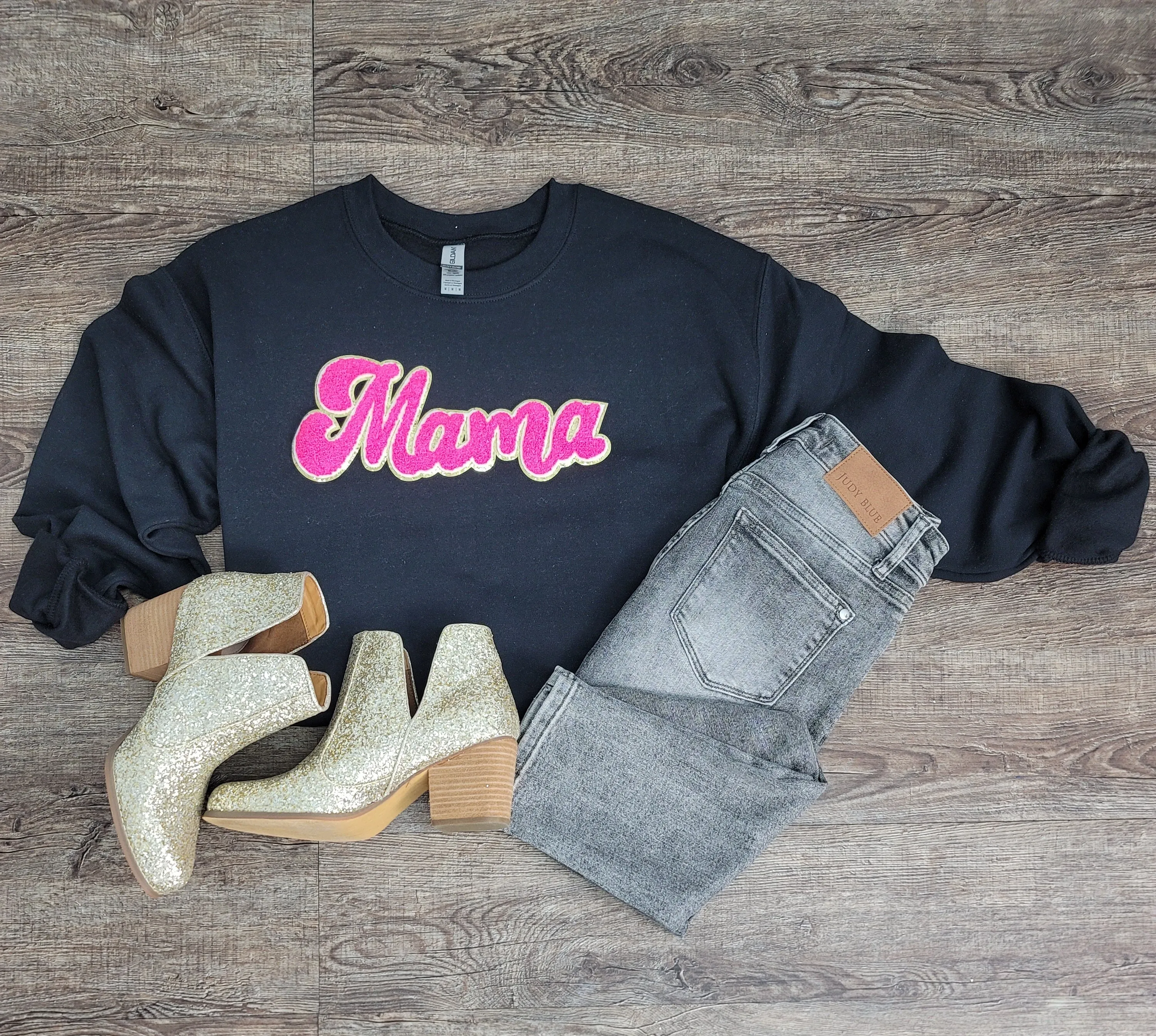3Blues Designs |   Hazel Blues® |  Mama Script Chenille Patch Sweatshirt