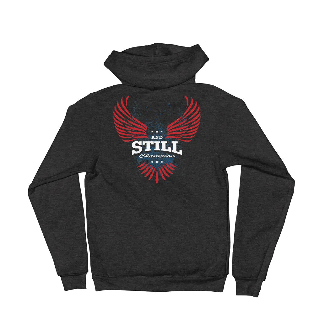 And Still Champion on crest & sleeve, Soaring Champion on back women's zip-up hoodie