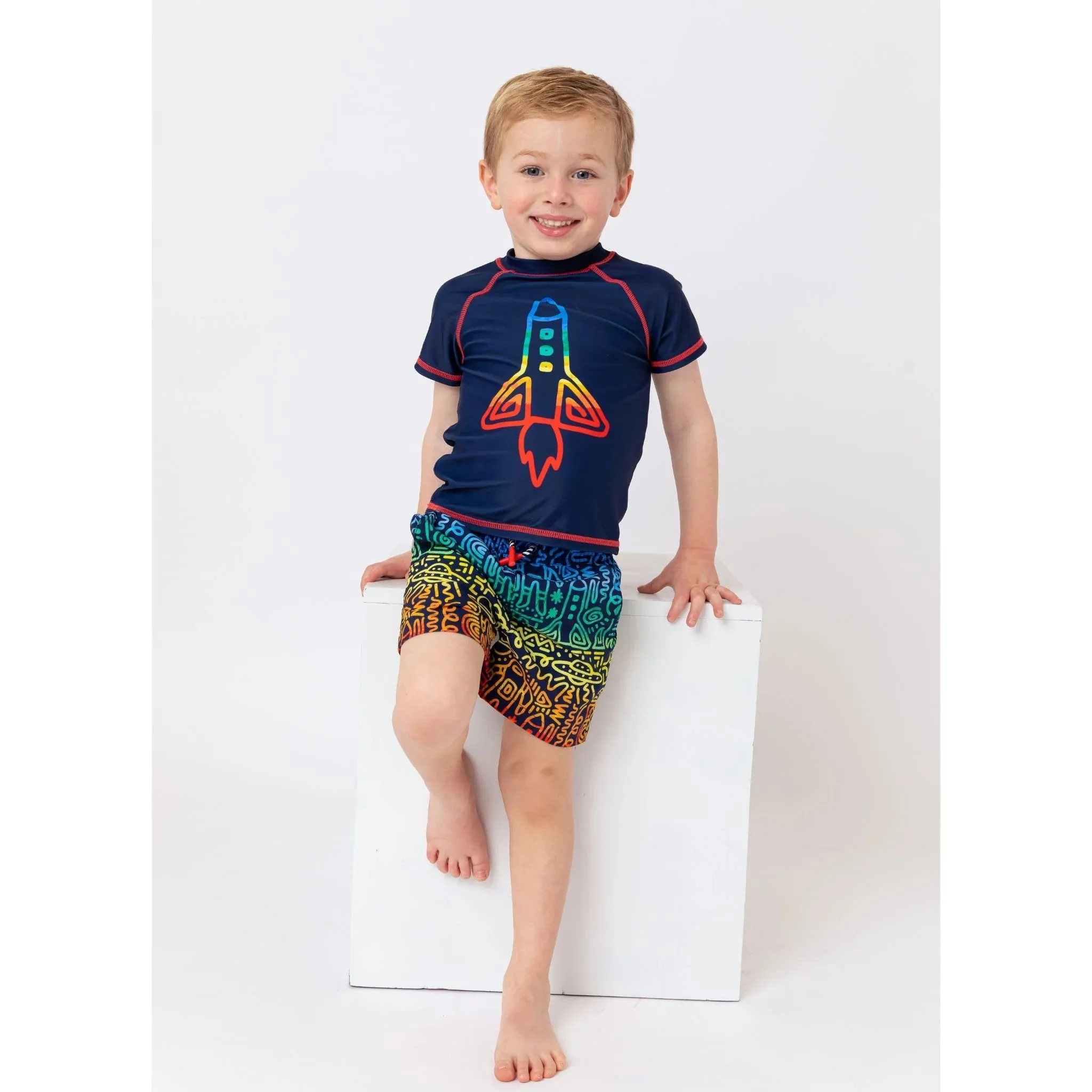Andy & Evan UPF 50  Rocket Print Rashguard & Stretch Swim Trunk Set