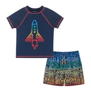 Andy & Evan UPF 50  Rocket Print Rashguard & Stretch Swim Trunk Set