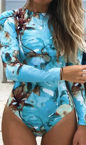 Aqua Tropical Print Rash Guard One Piece Swimsuit