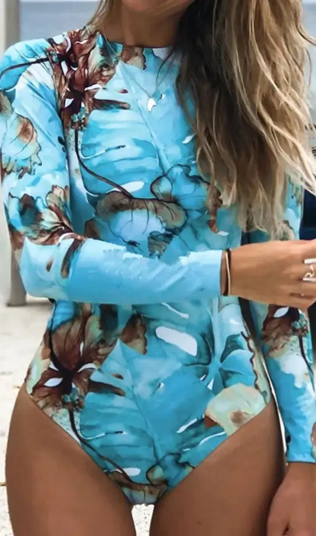 Aqua Tropical Print Rash Guard One Piece Swimsuit