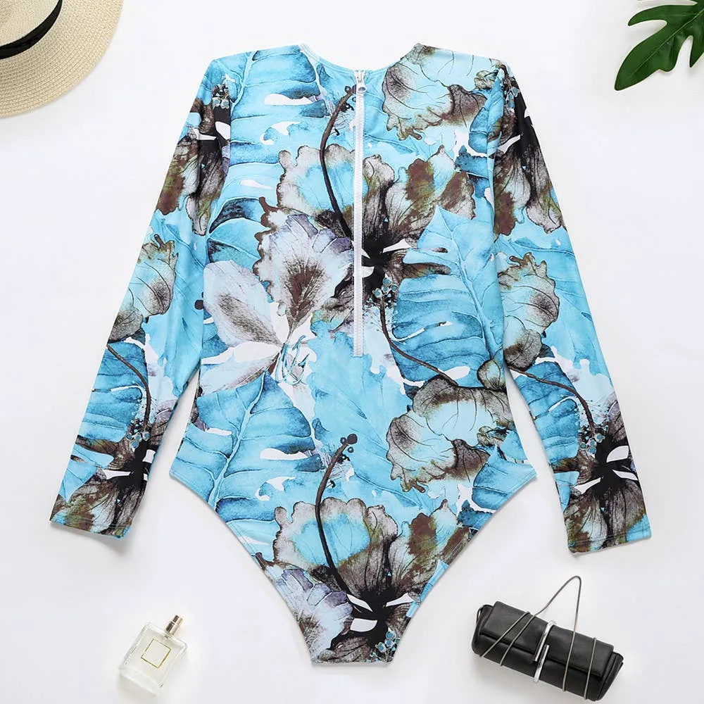 Aqua Tropical Print Rash Guard One Piece Swimsuit