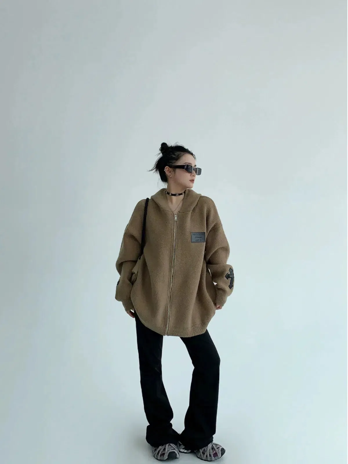 Arm Patch Oversized Zip-Up Sweatshirt