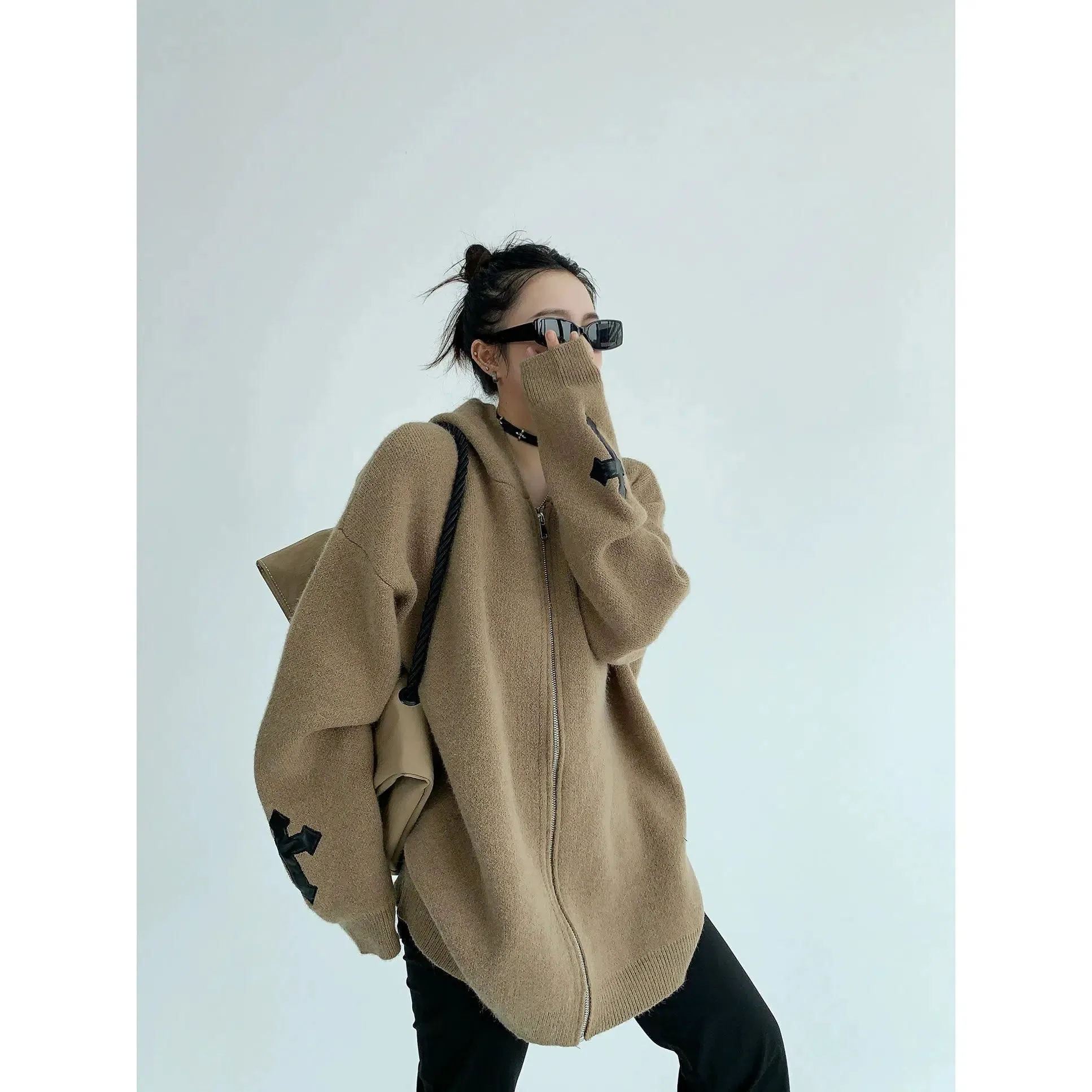 Arm Patch Oversized Zip-Up Sweatshirt