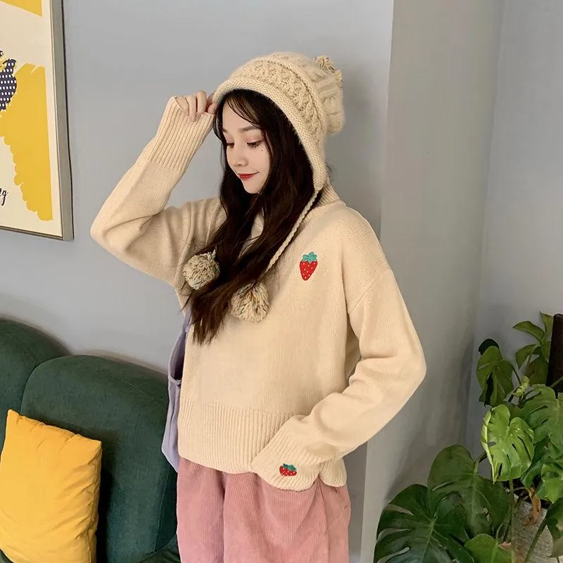 Autumn and Winter Fashion Loose Jacket Strawberry Embroidery Turtleneck Top Sweet Style Cute Female Sweater