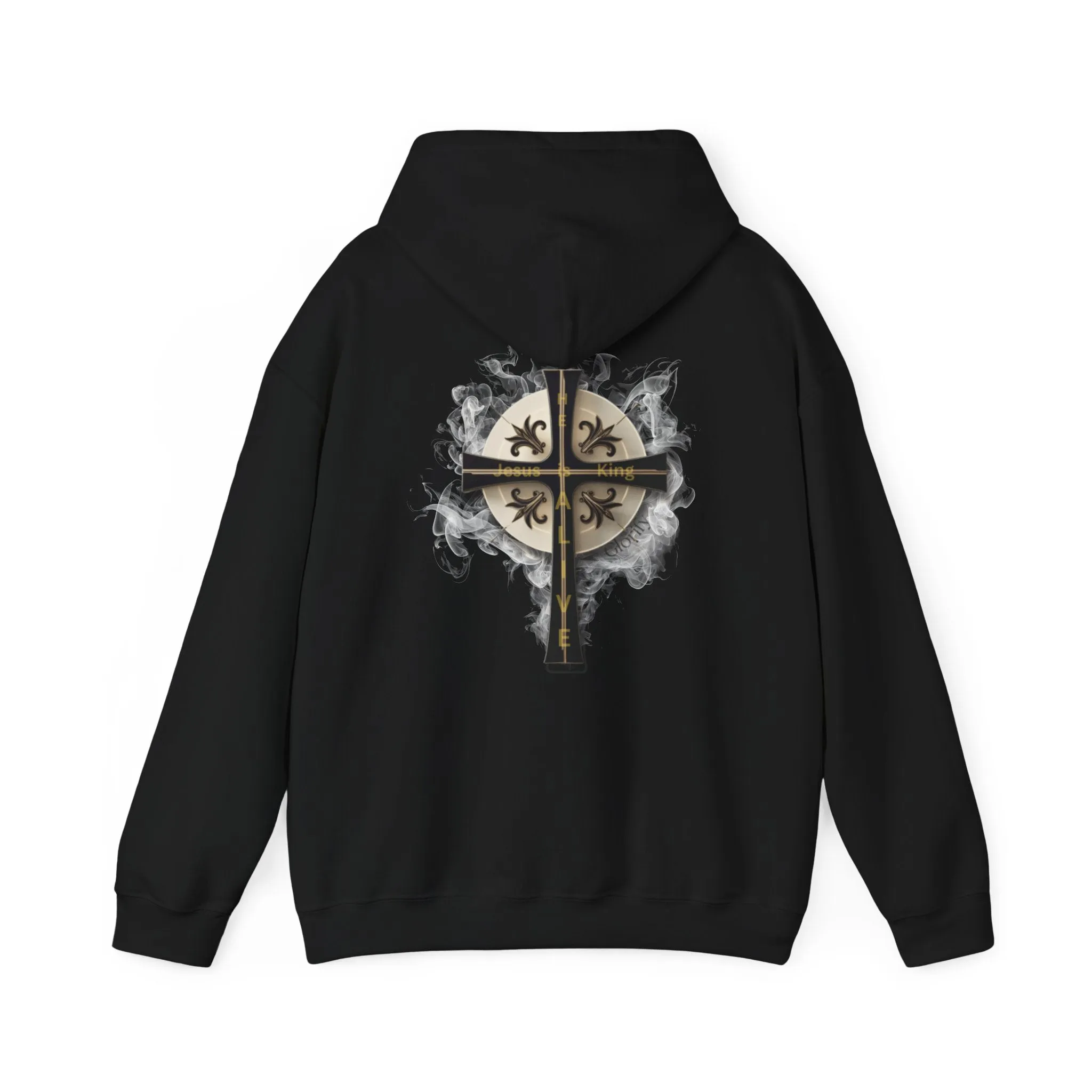 Back Design of Golden & Black Cross "Jesus is King" - Unisex Heavy Blend™ Hooded Sweatshirt