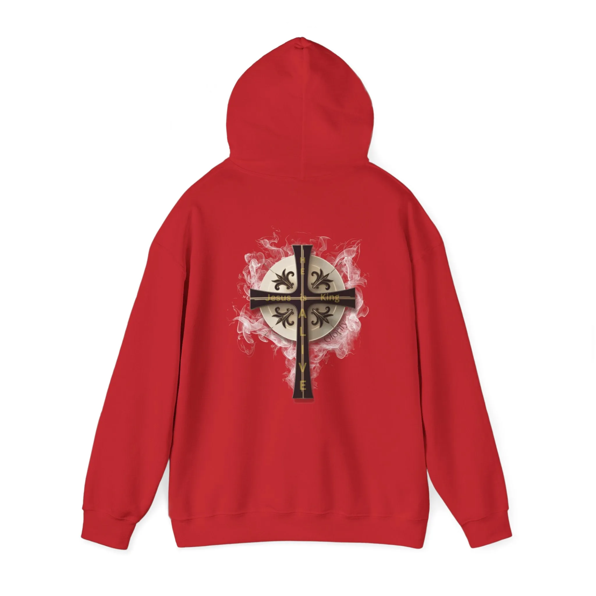 Back Design of Golden & Black Cross "Jesus is King" - Unisex Heavy Blend™ Hooded Sweatshirt