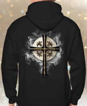 Back Design of Golden & Black Cross "Jesus is King" - Unisex Heavy Blend™ Hooded Sweatshirt