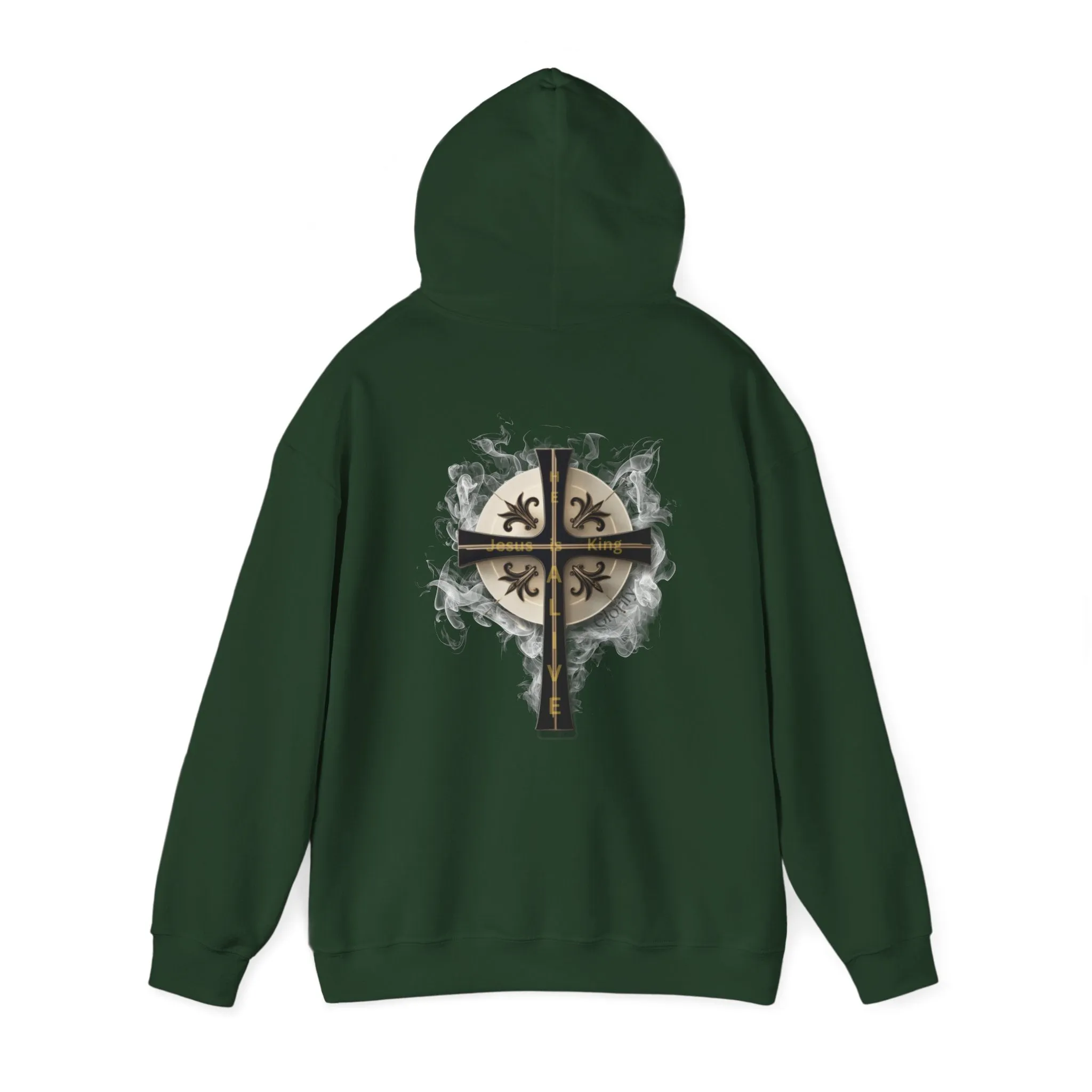 Back Design of Golden & Black Cross "Jesus is King" - Unisex Heavy Blend™ Hooded Sweatshirt