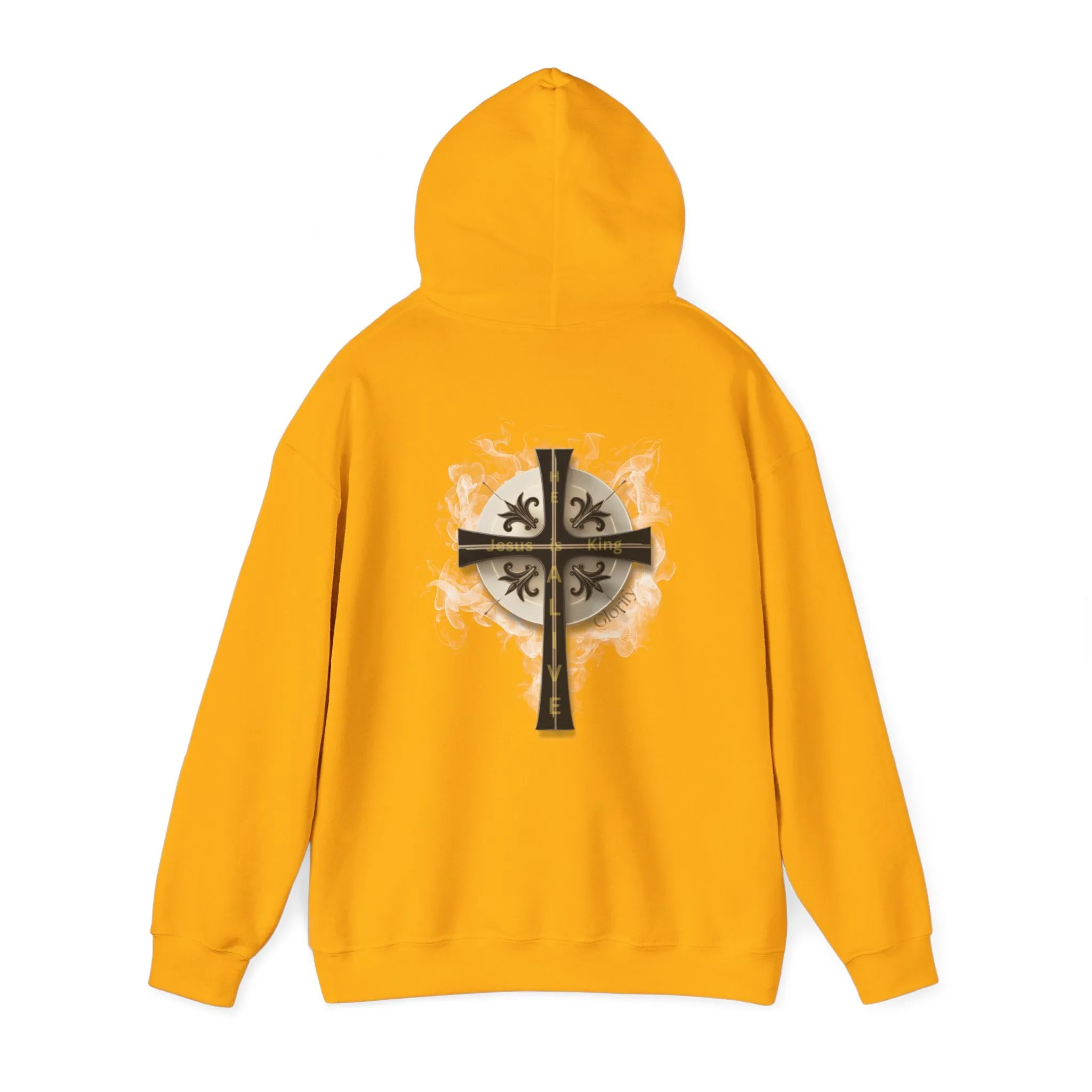 Back Design of Golden & Black Cross "Jesus is King" - Unisex Heavy Blend™ Hooded Sweatshirt