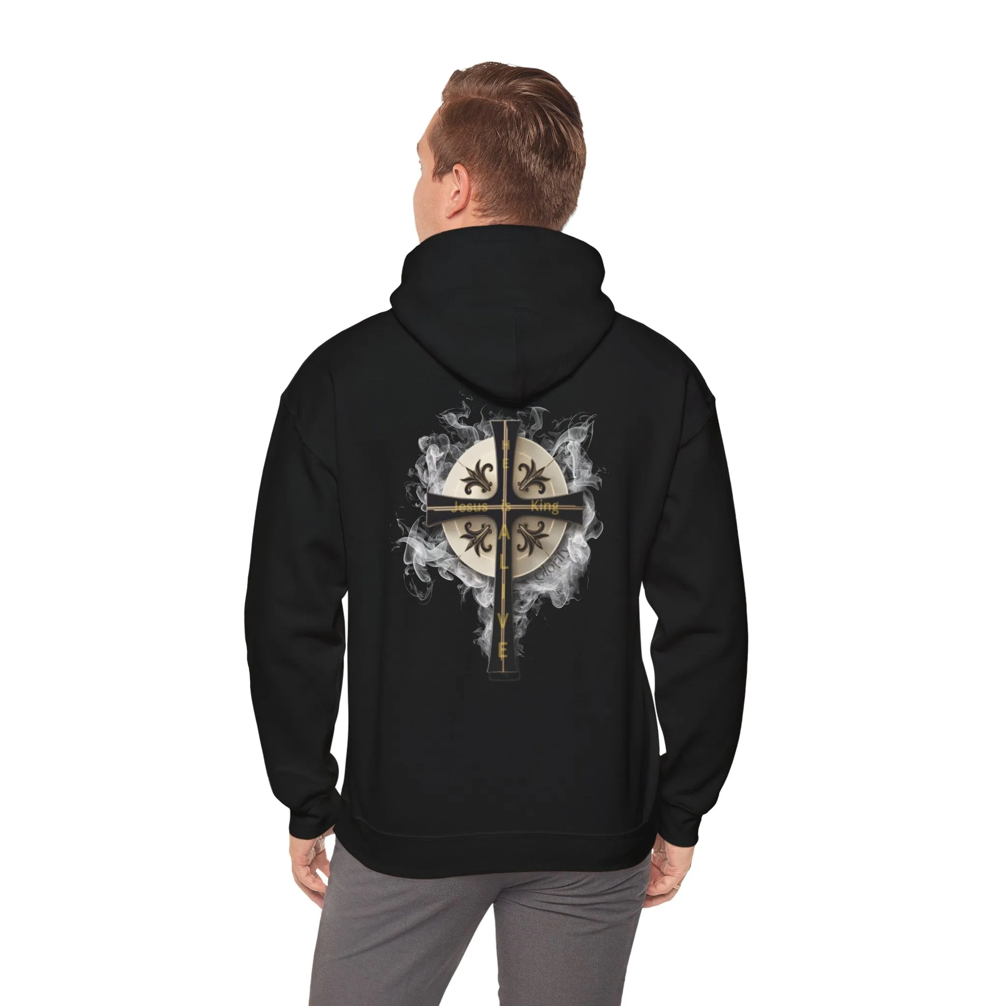 Back Design of Golden & Black Cross "Jesus is King" - Unisex Heavy Blend™ Hooded Sweatshirt