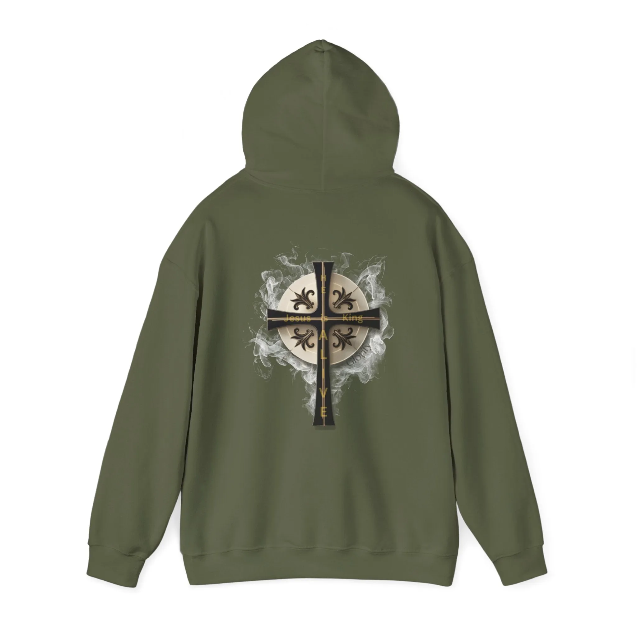 Back Design of Golden & Black Cross "Jesus is King" - Unisex Heavy Blend™ Hooded Sweatshirt