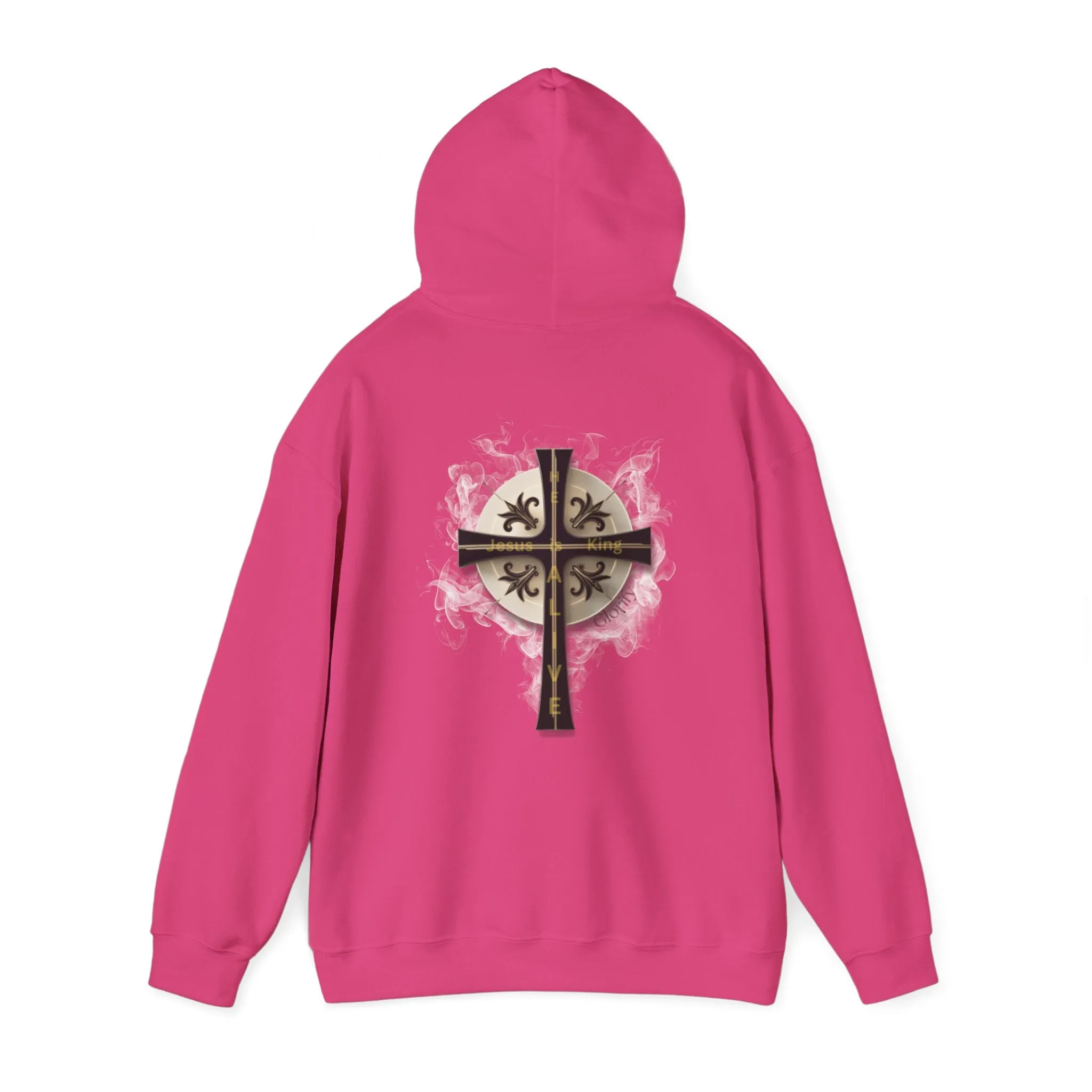 Back Design of Golden & Black Cross "Jesus is King" - Unisex Heavy Blend™ Hooded Sweatshirt