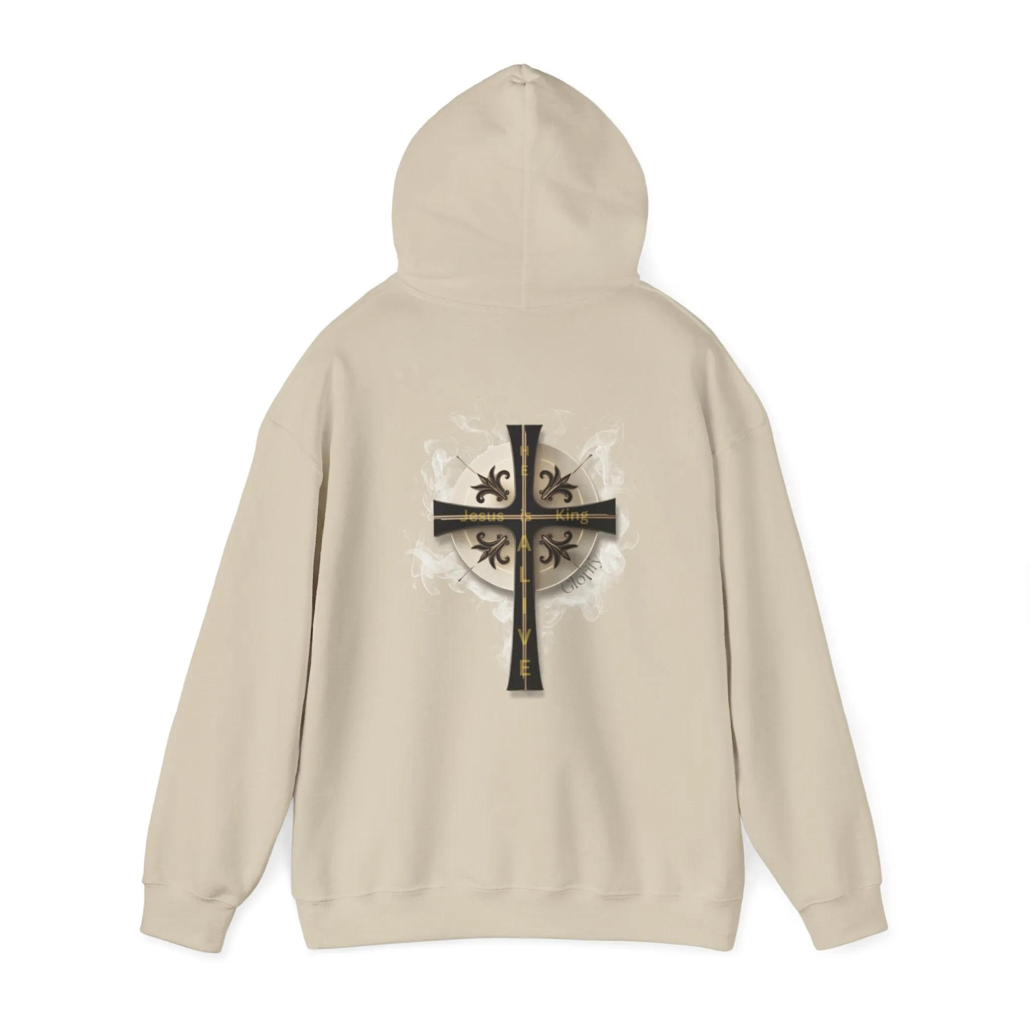 Back Design of Golden & Black Cross "Jesus is King" - Unisex Heavy Blend™ Hooded Sweatshirt