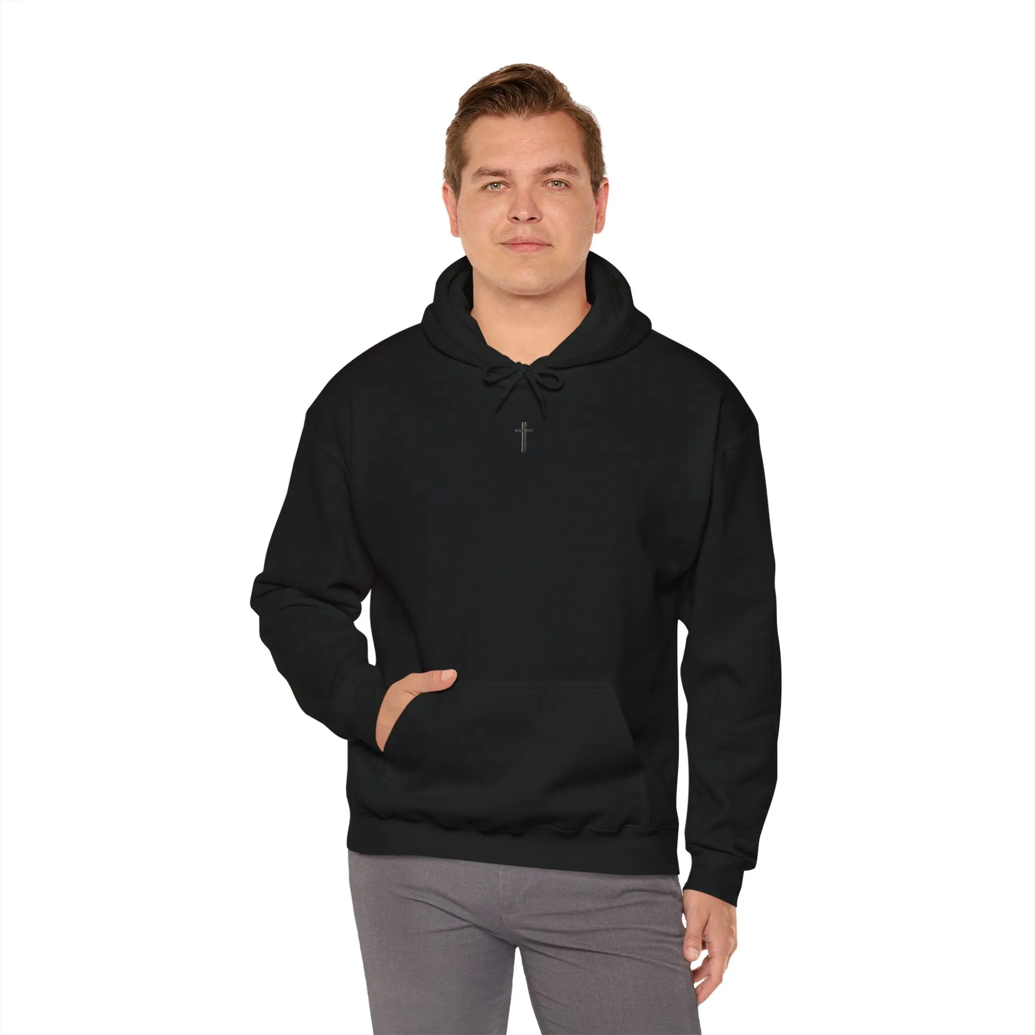 Back Design of Golden & Black Cross "Jesus is King" - Unisex Heavy Blend™ Hooded Sweatshirt