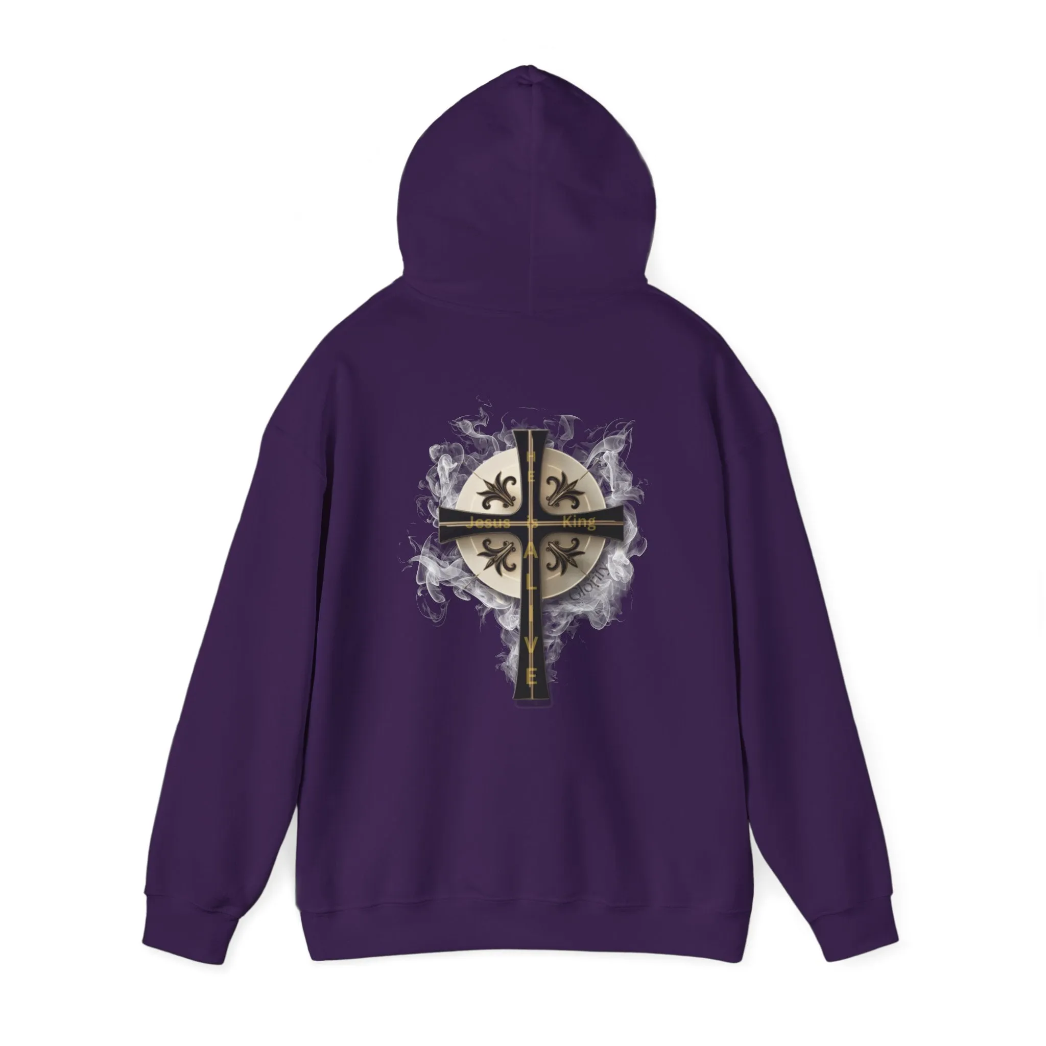 Back Design of Golden & Black Cross "Jesus is King" - Unisex Heavy Blend™ Hooded Sweatshirt