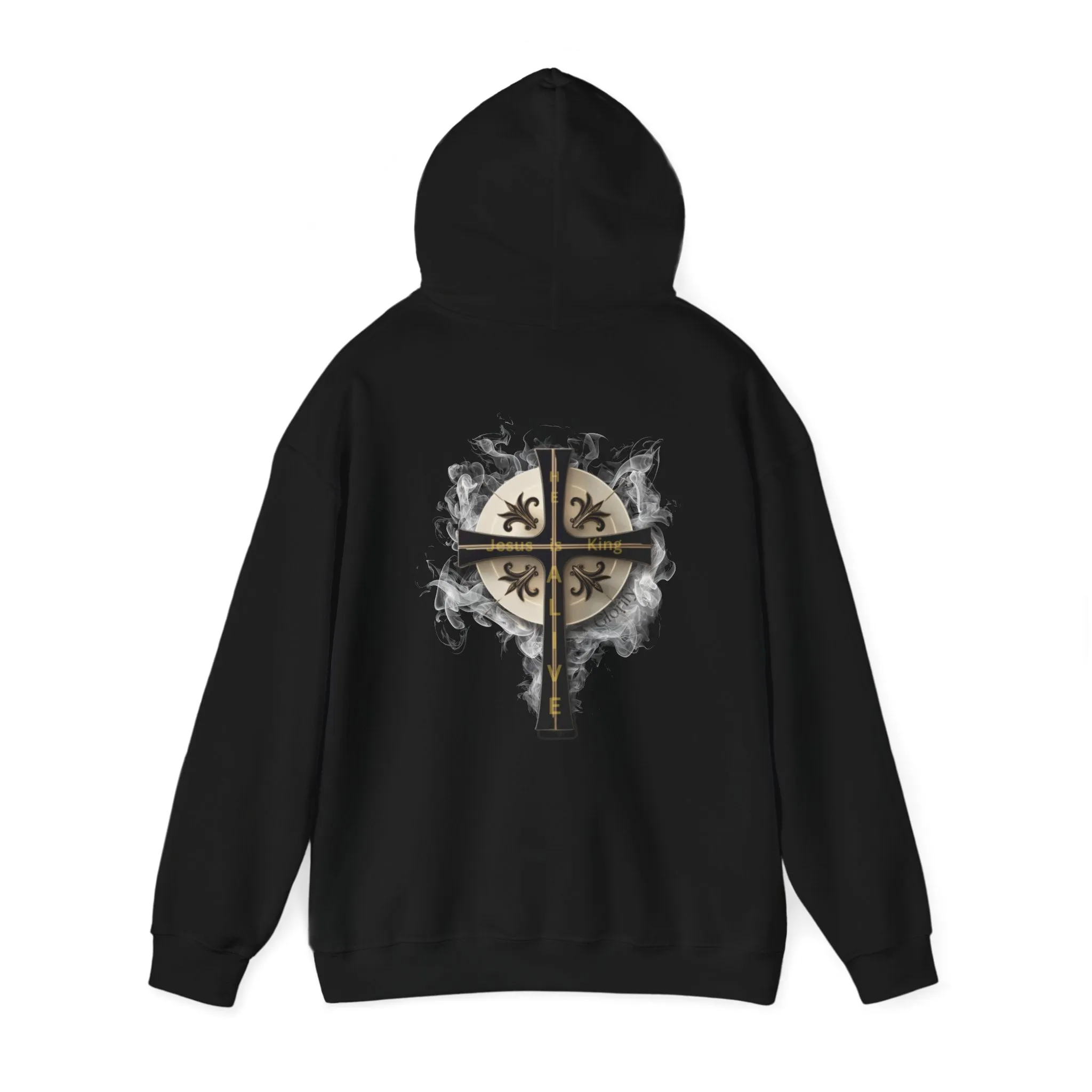 Back Design of Golden & Black Cross "Jesus is King" - Unisex Heavy Blend™ Hooded Sweatshirt