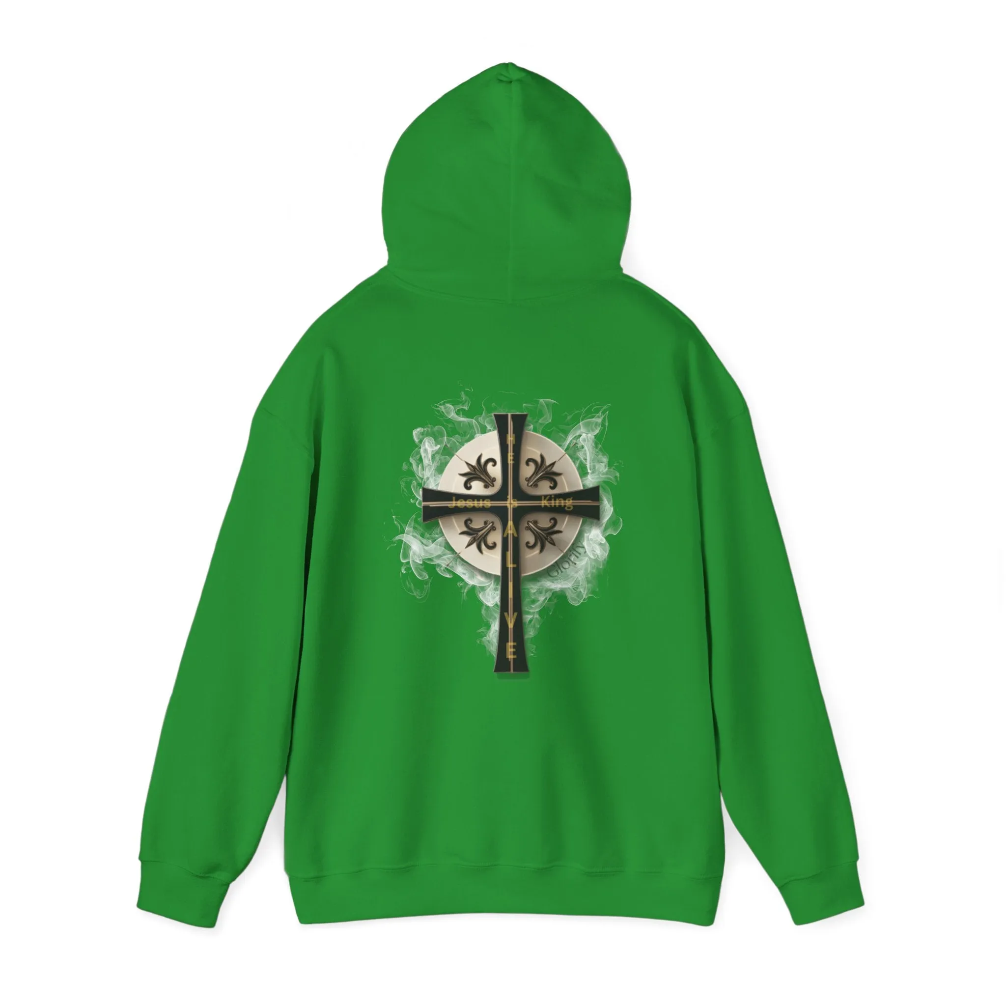 Back Design of Golden & Black Cross "Jesus is King" - Unisex Heavy Blend™ Hooded Sweatshirt
