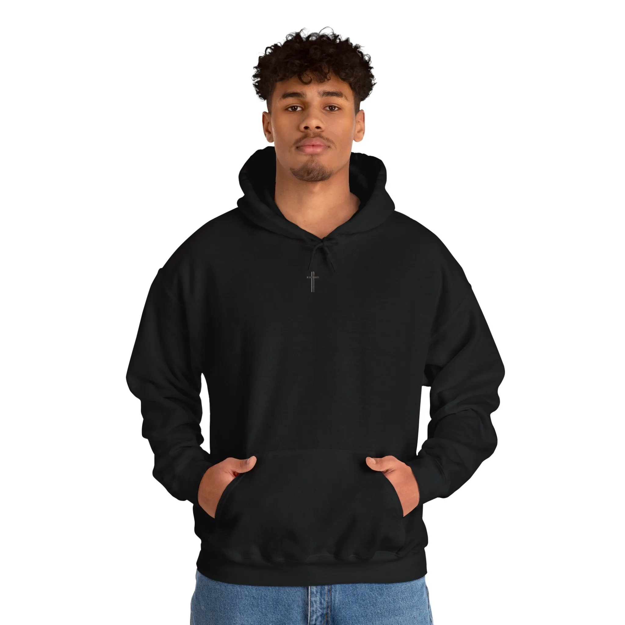 Back Design of Golden & Black Cross "Jesus is King" - Unisex Heavy Blend™ Hooded Sweatshirt