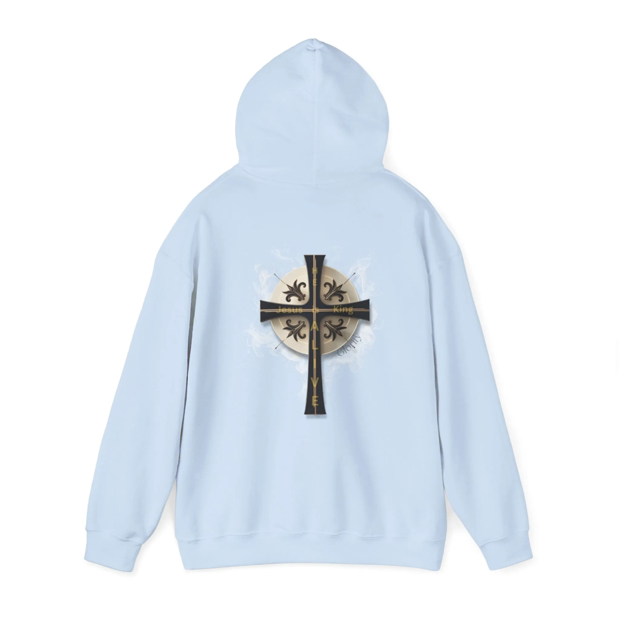 Back Design of Golden & Black Cross "Jesus is King" - Unisex Heavy Blend™ Hooded Sweatshirt