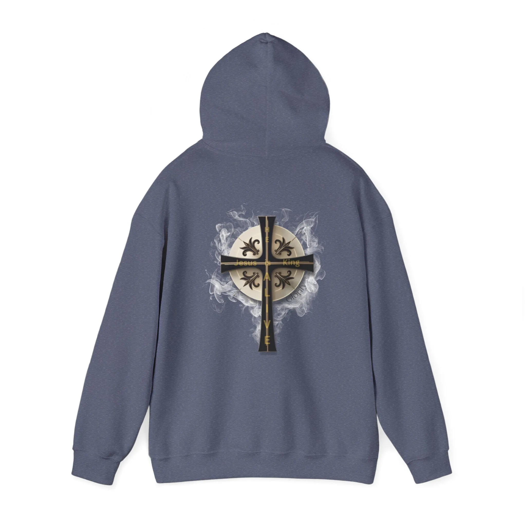 Back Design of Golden & Black Cross "Jesus is King" - Unisex Heavy Blend™ Hooded Sweatshirt