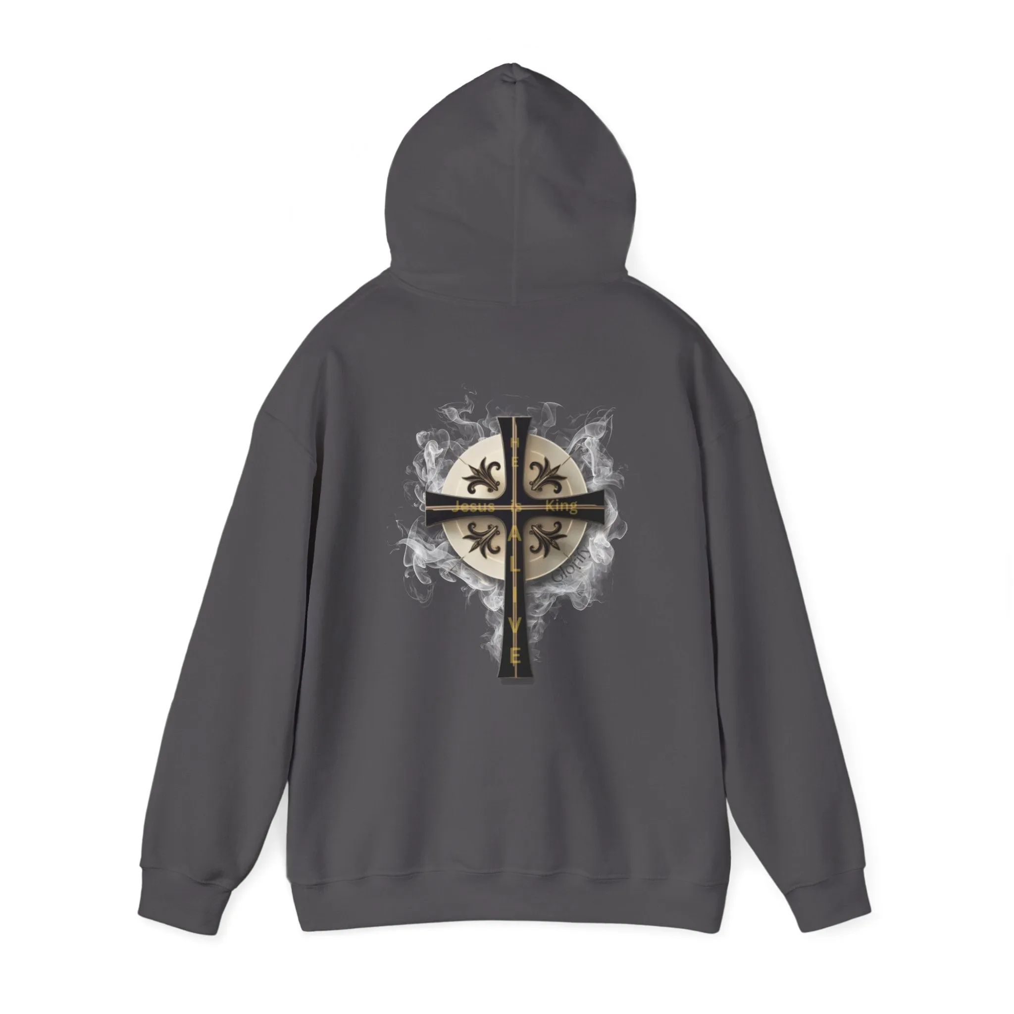 Back Design of Golden & Black Cross "Jesus is King" - Unisex Heavy Blend™ Hooded Sweatshirt