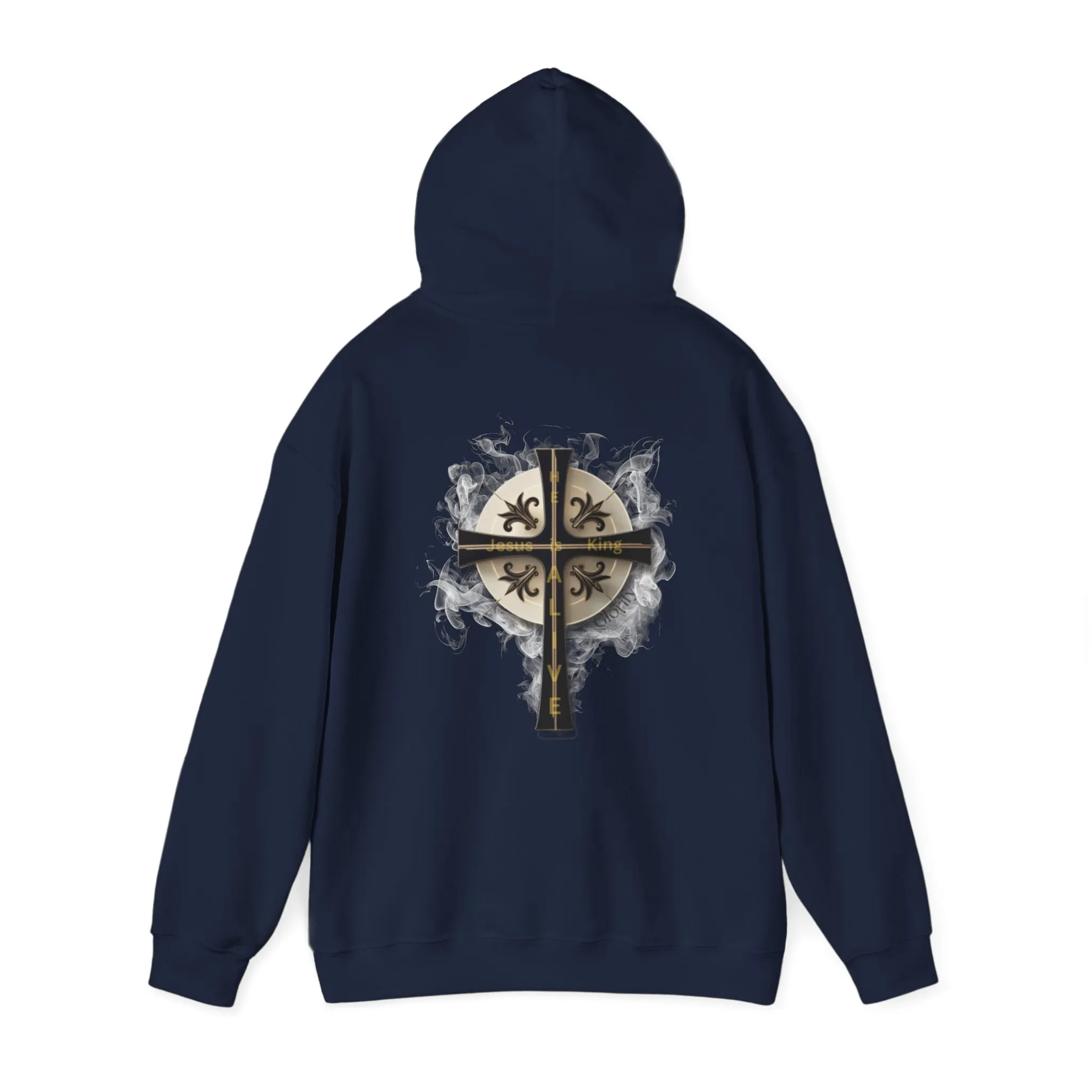 Back Design of Golden & Black Cross "Jesus is King" - Unisex Heavy Blend™ Hooded Sweatshirt