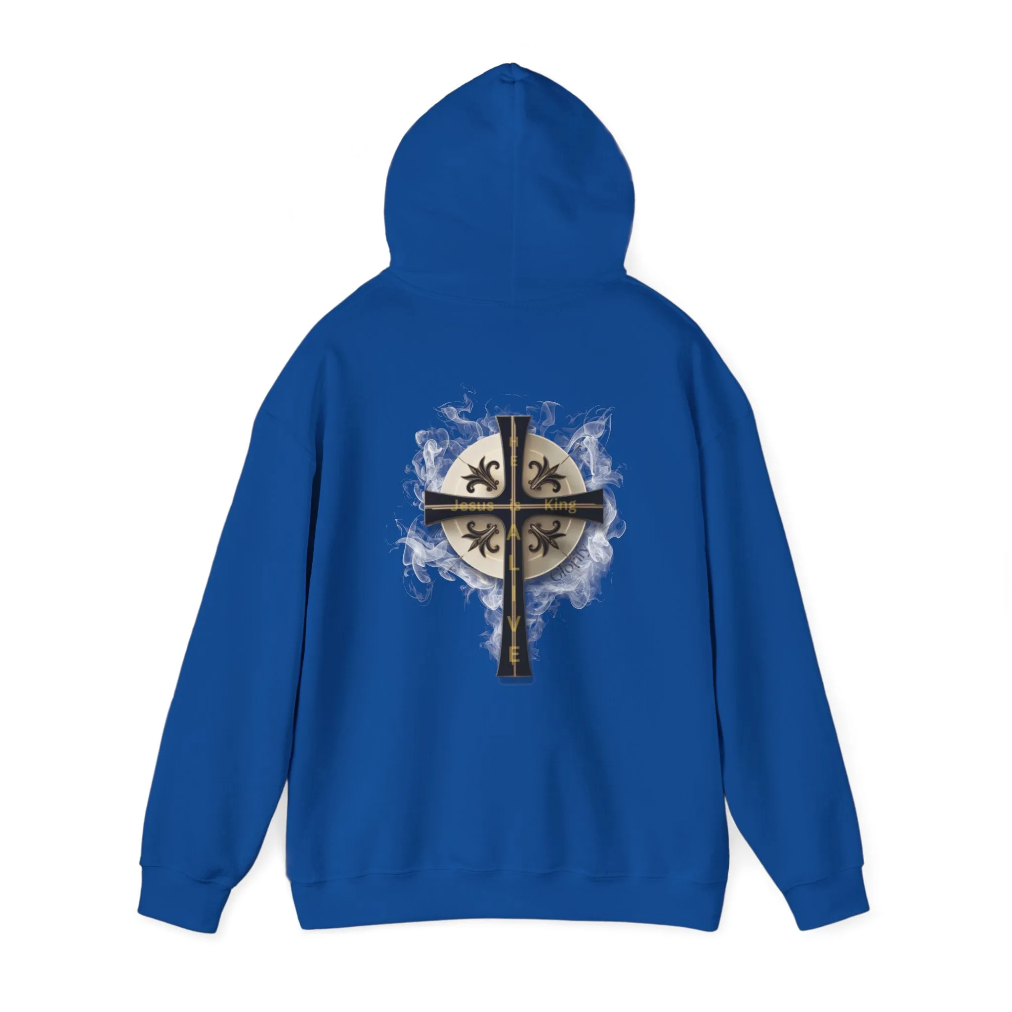 Back Design of Golden & Black Cross "Jesus is King" - Unisex Heavy Blend™ Hooded Sweatshirt
