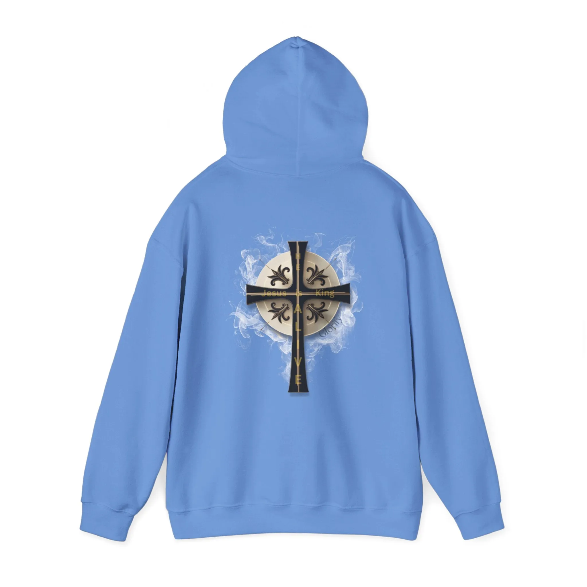 Back Design of Golden & Black Cross "Jesus is King" - Unisex Heavy Blend™ Hooded Sweatshirt