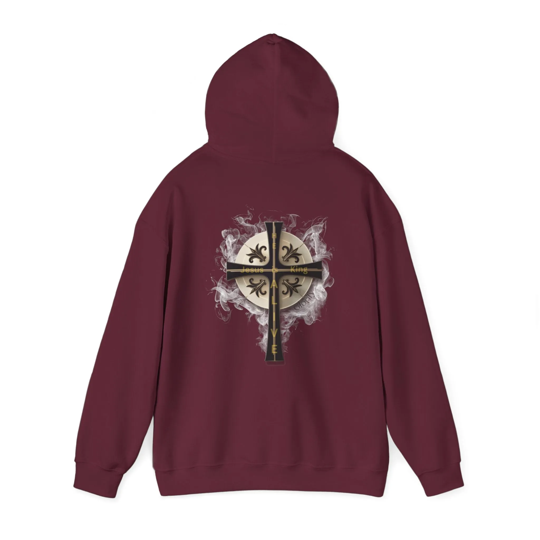 Back Design of Golden & Black Cross "Jesus is King" - Unisex Heavy Blend™ Hooded Sweatshirt