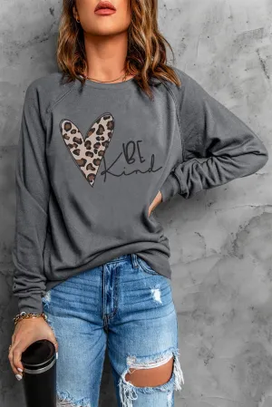 Be Kind Leopard Heart Shape Print Pullover Sweatshirt