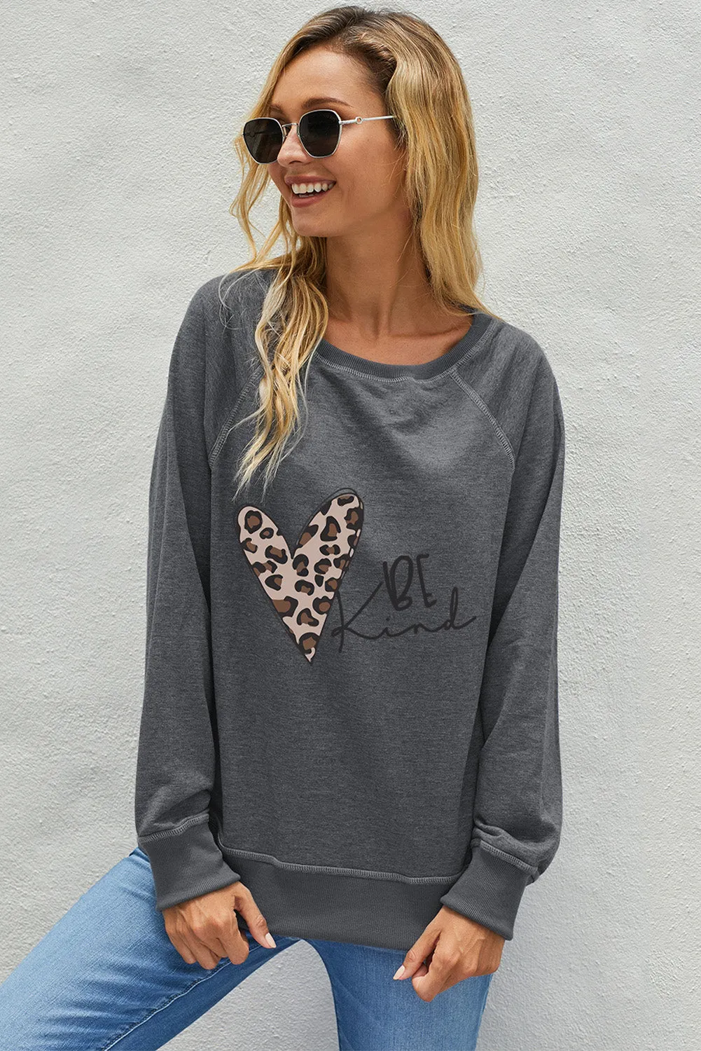 Be Kind Leopard Heart Shape Print Pullover Sweatshirt