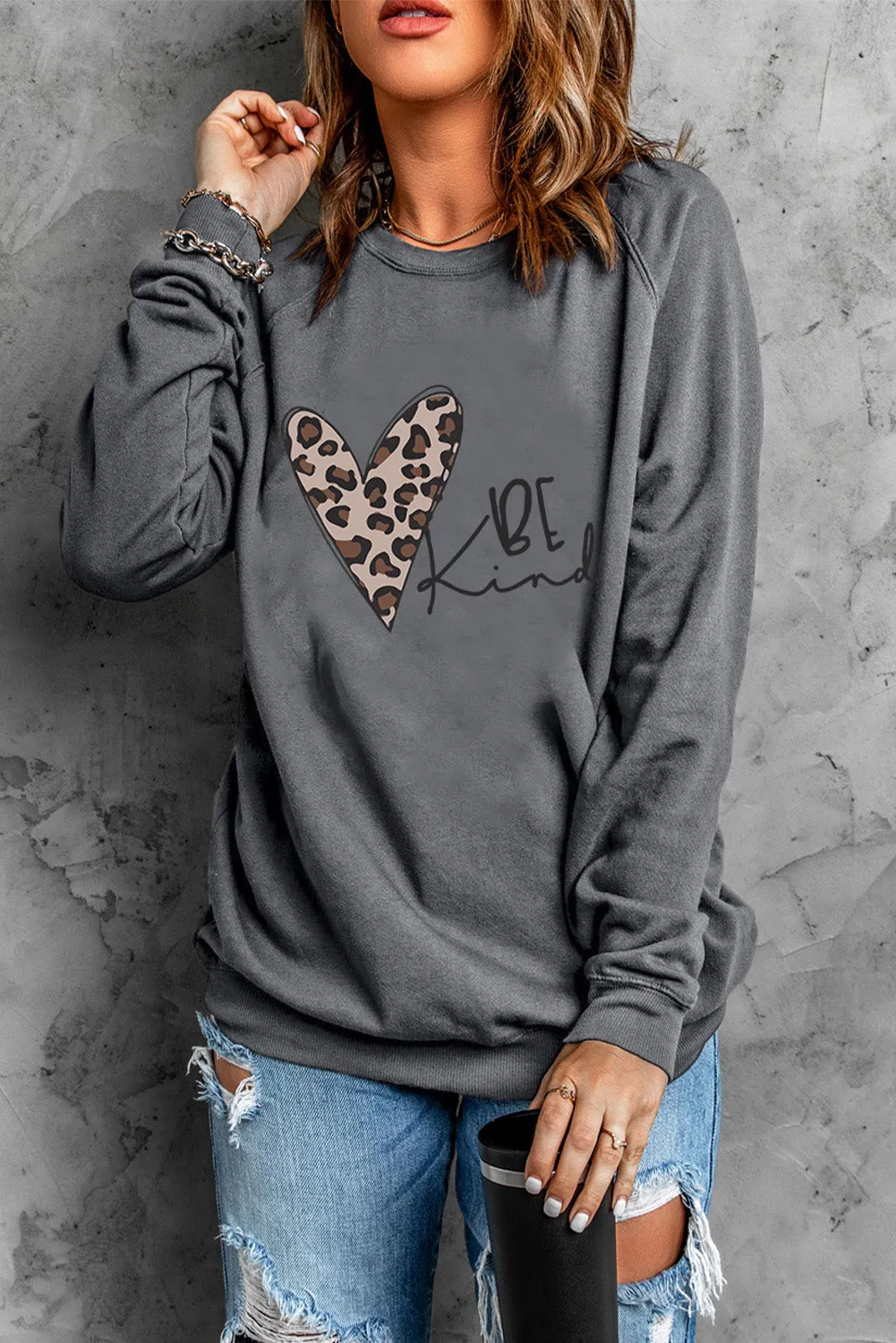 Be Kind Leopard Heart Shape Print Pullover Sweatshirt