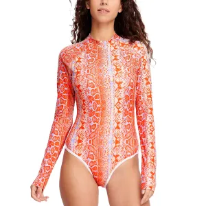 Beast Skin Art Long Sleeve One-Piece Swimsuit Rash Guard for Women - Orange