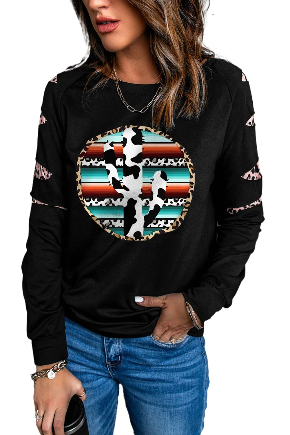 Black Cow Cactus Graphic Print Contrast Long Sleeve Sweatshirt