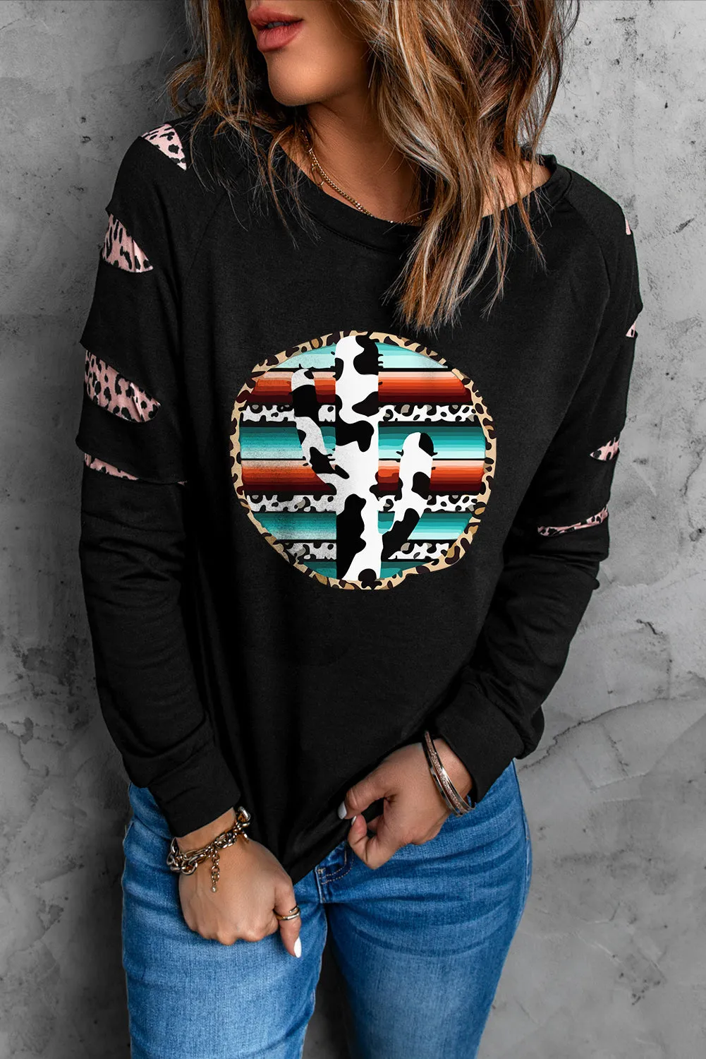 Black Cow Cactus Graphic Print Contrast Long Sleeve Sweatshirt