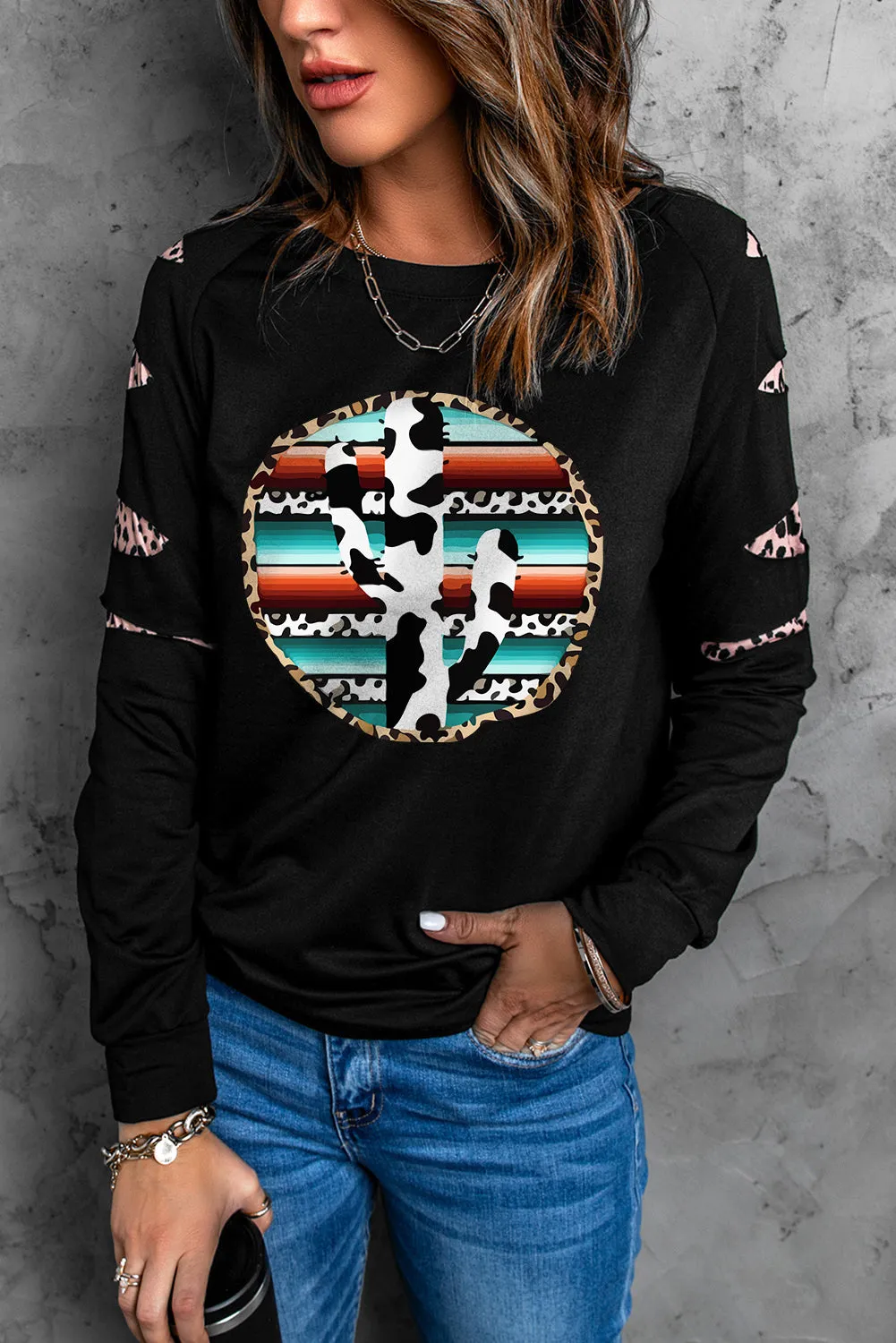 Black Cow Cactus Graphic Print Contrast Long Sleeve Sweatshirt