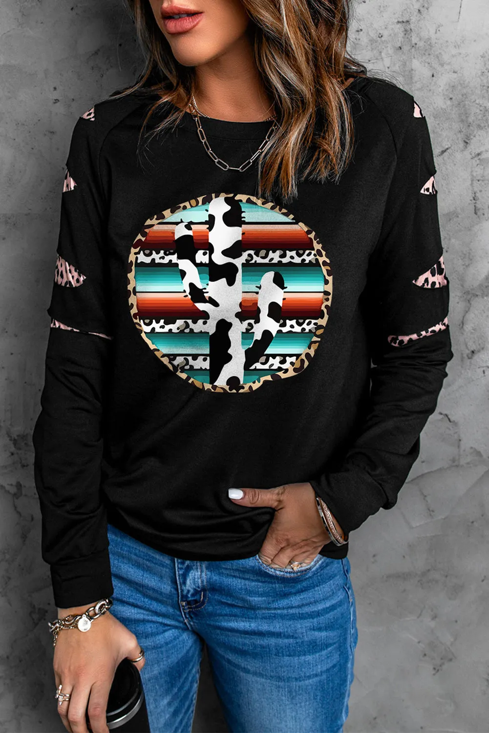 Black Cow Cactus Graphic Print Contrast Long Sleeve Sweatshirt