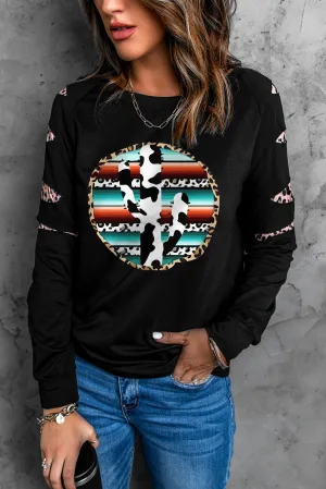 Black Cow Cactus Graphic Print Contrast Long Sleeve Sweatshirt