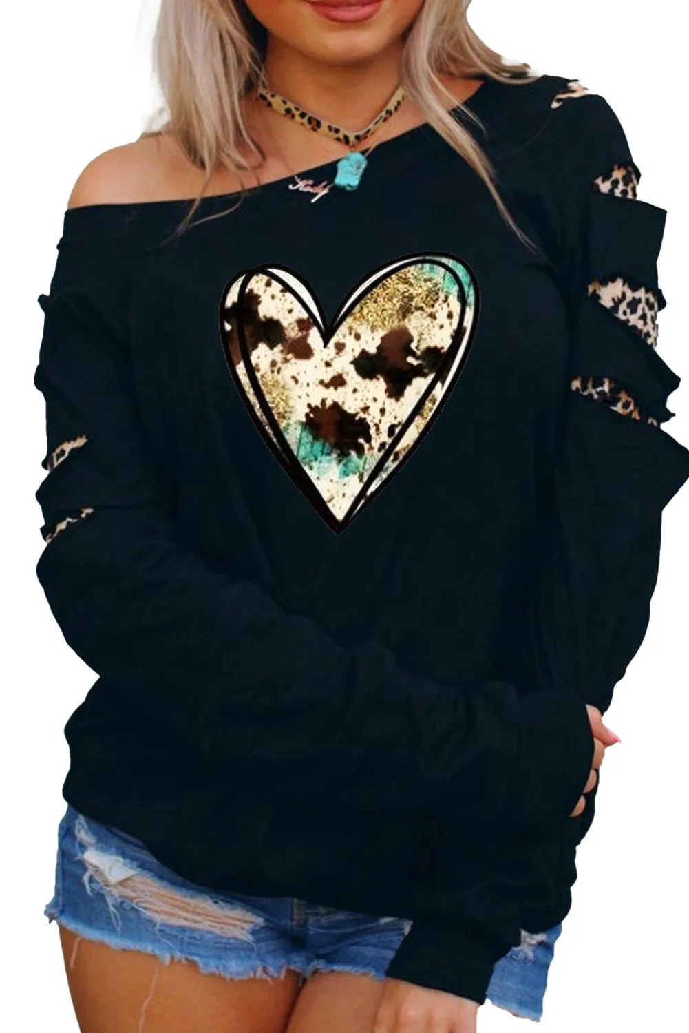 Black Graphic Heart-shaped Print Cut-out Long Sleeve Sweatshirt