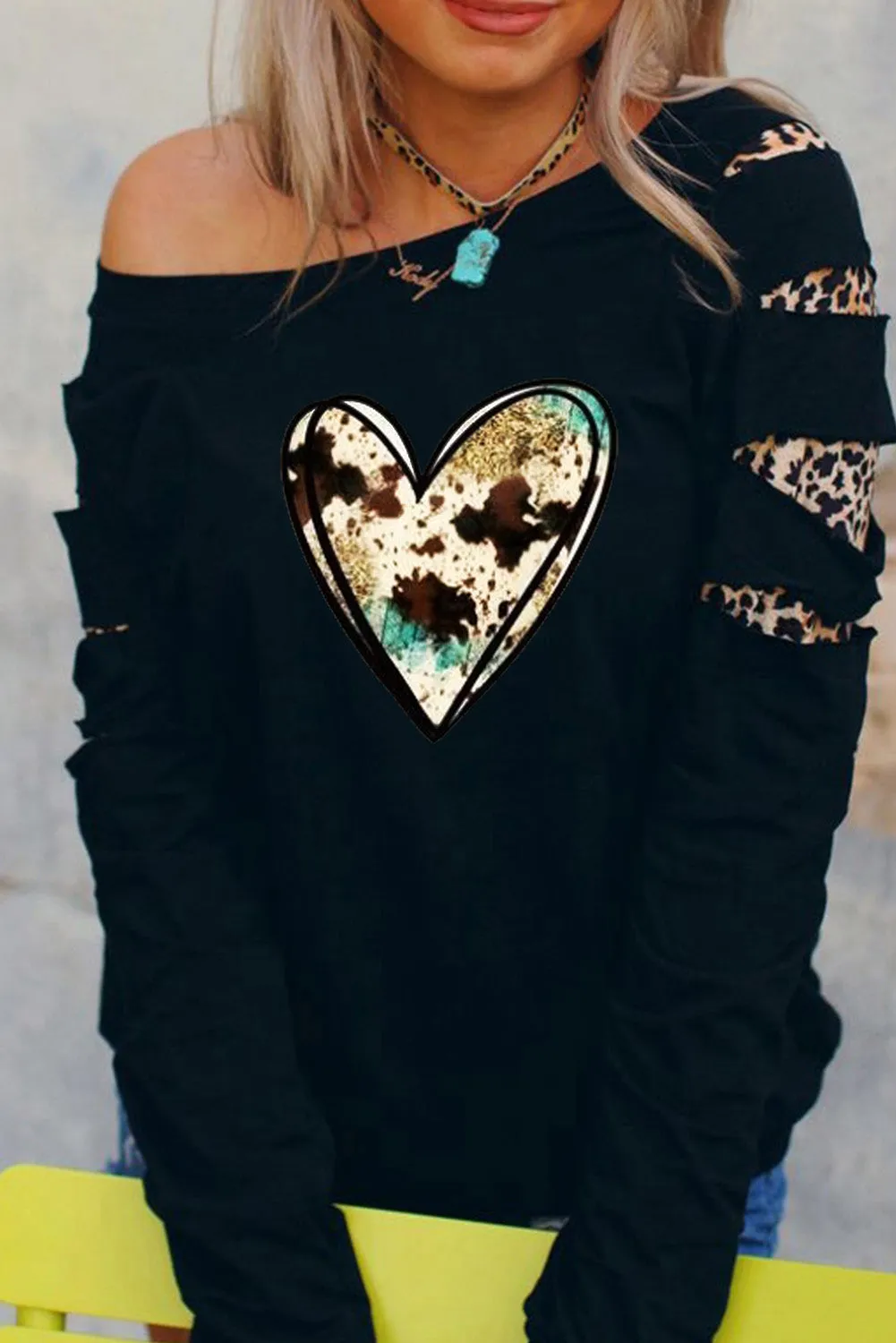 Black Graphic Heart-shaped Print Cut-out Long Sleeve Sweatshirt