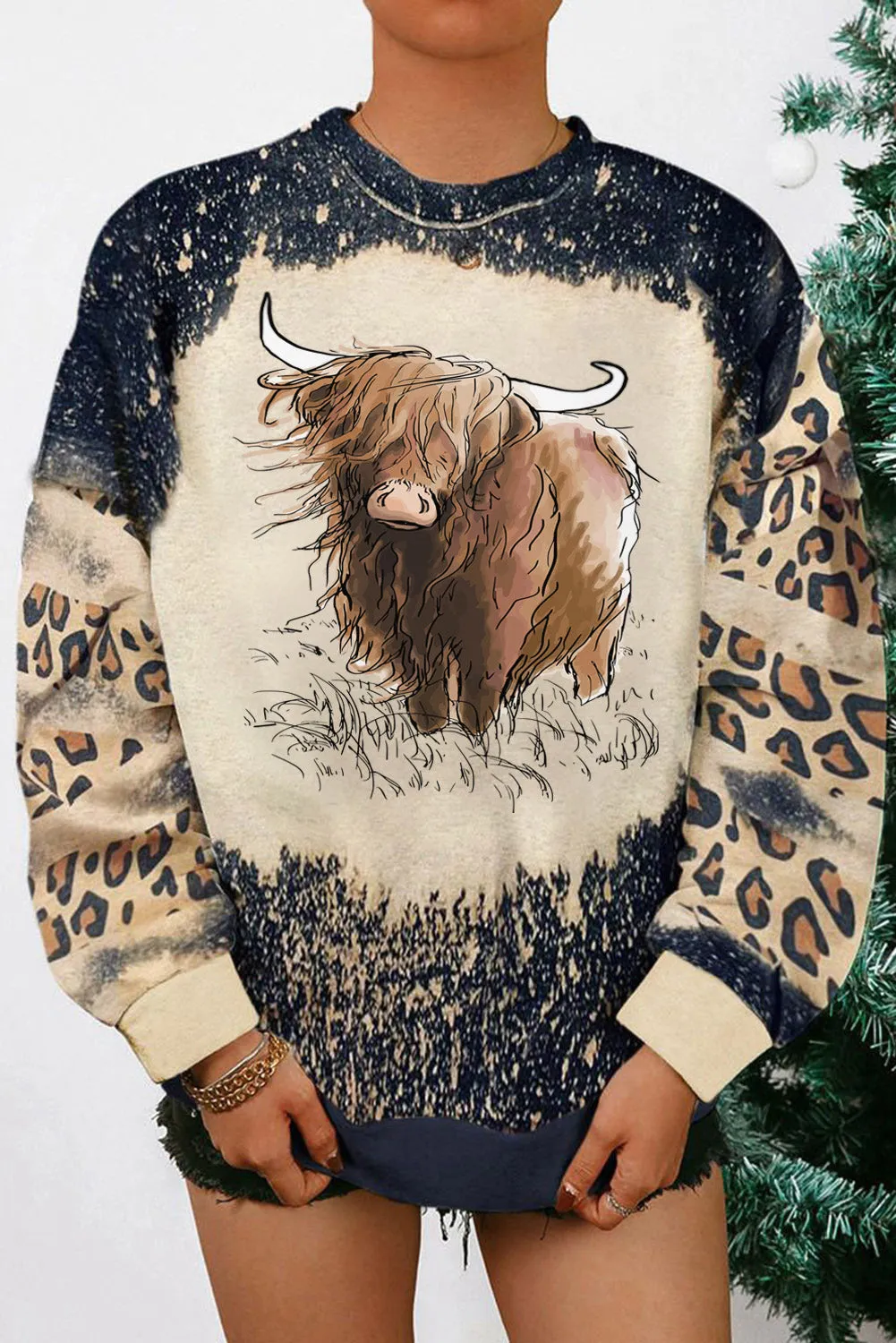 Black Heifer Graphic Leopard Bleached Print Sweatshirt