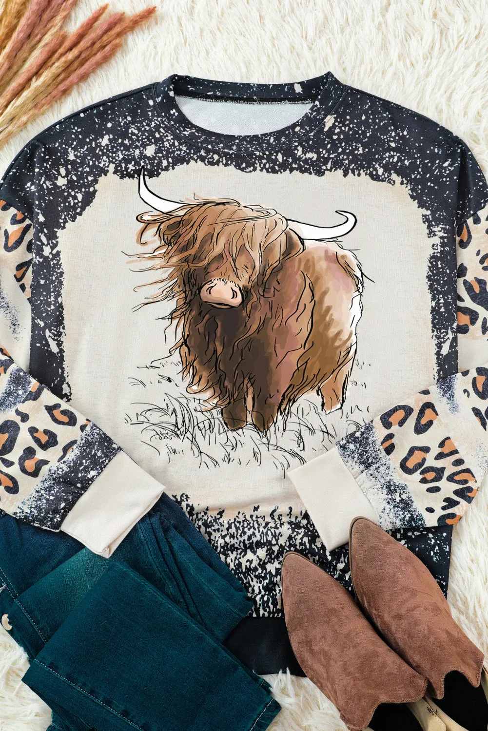 Black Heifer Graphic Leopard Bleached Print Sweatshirt
