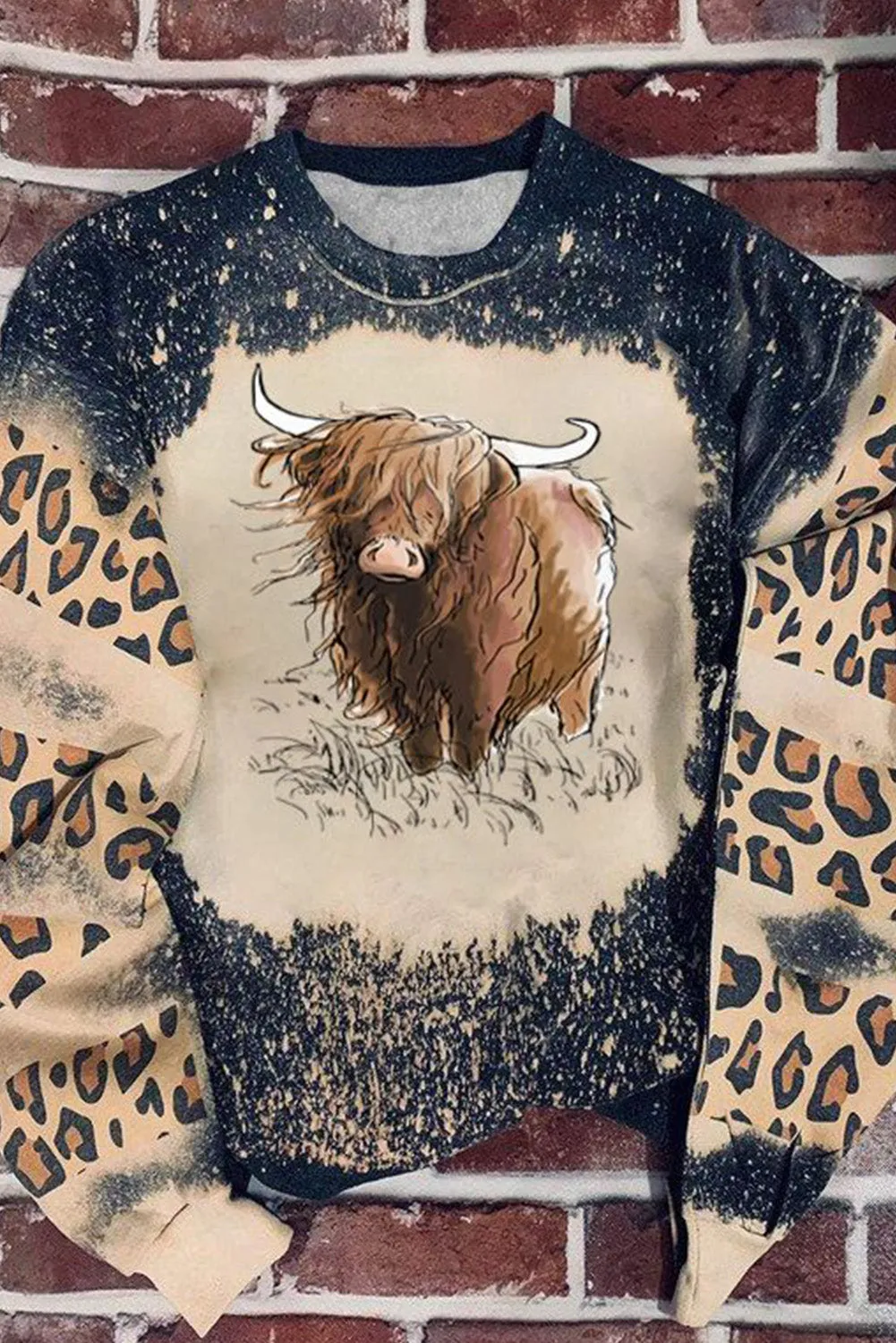 Black Heifer Graphic Leopard Bleached Print Sweatshirt